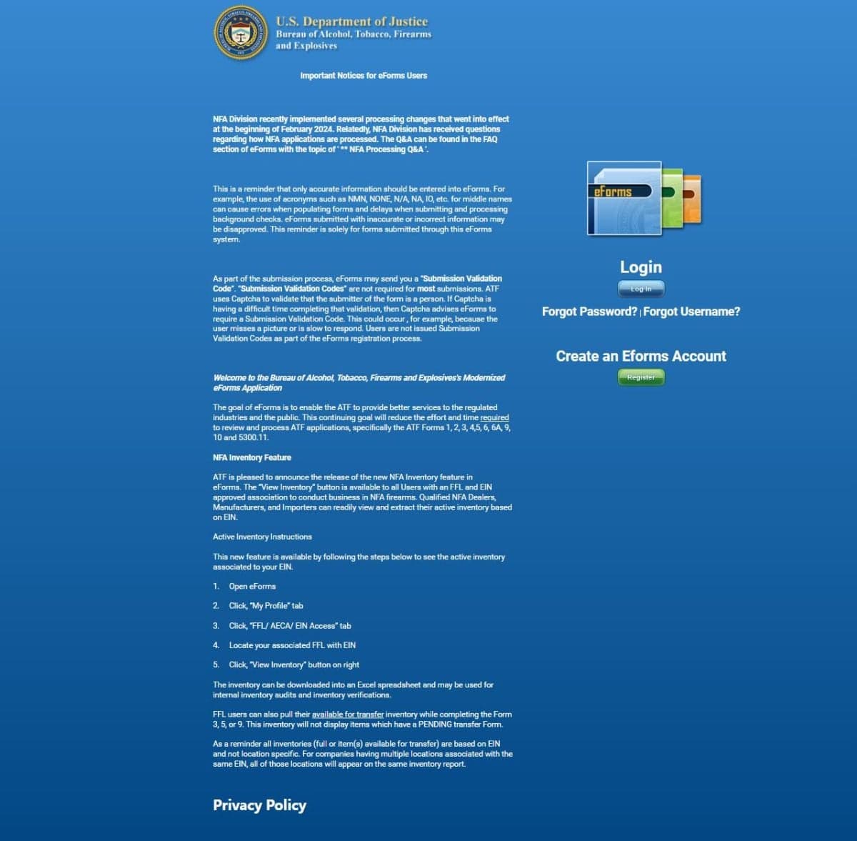 ATF eForms Landing Page